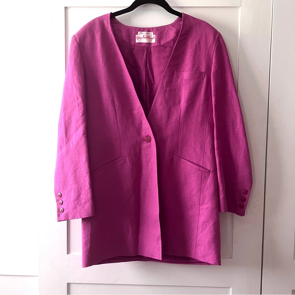 Vintage Pink Linen Blazer Giorgio di Sant' Angelo Collarless Long Lined, Size 8
